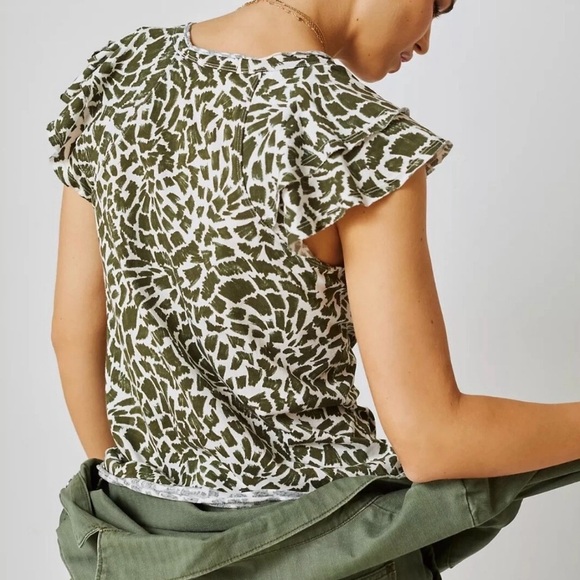 Anthropologie Maeve Catie Ruffle Sleeve Top Size L Large V-Neck Green Motif - Picture 3 of 13